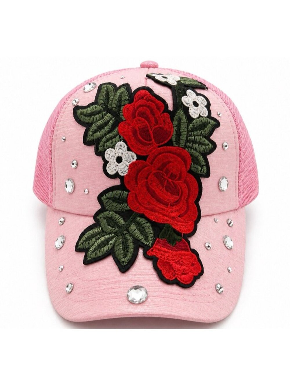 Women Rhinestone Embroidery Rose Adjustable Mesh Baseball Cap Pink